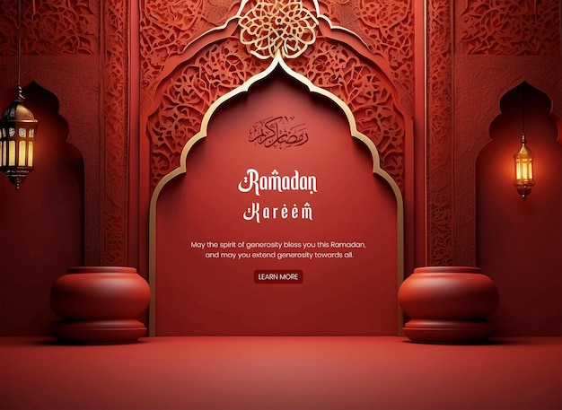 Ramadan Kareem luxurious dark red mihrab background design with golden lantern decoration