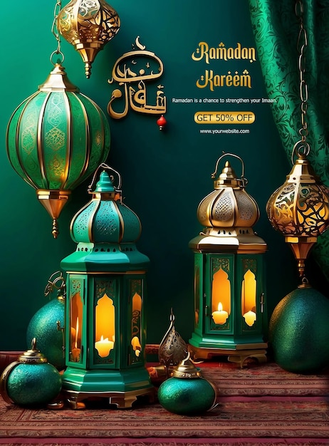 Ramadan Kareem Luxurious lanterns and mihrab decoration with green background