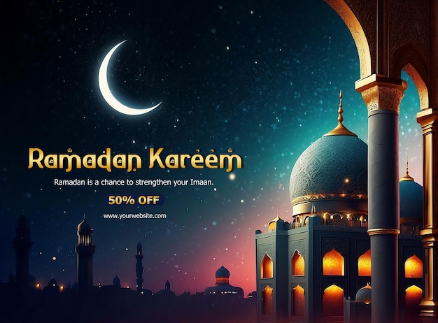 Ramadan Kareem Luxurious mosque and Ramadan crescent moon in sky