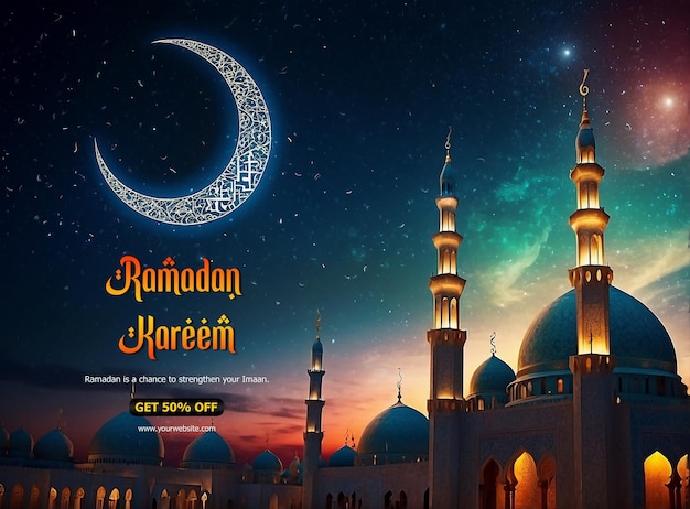 Ramadan Kareem Luxurious mosque and Ramadan crescent moon in sky