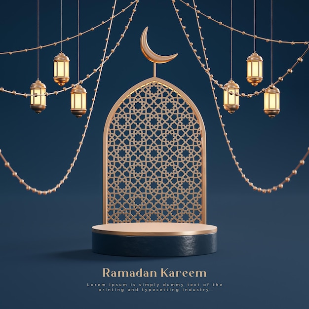 Ramadan Kareem luxury realistic Islamic podium 3d navy gold background 3d render