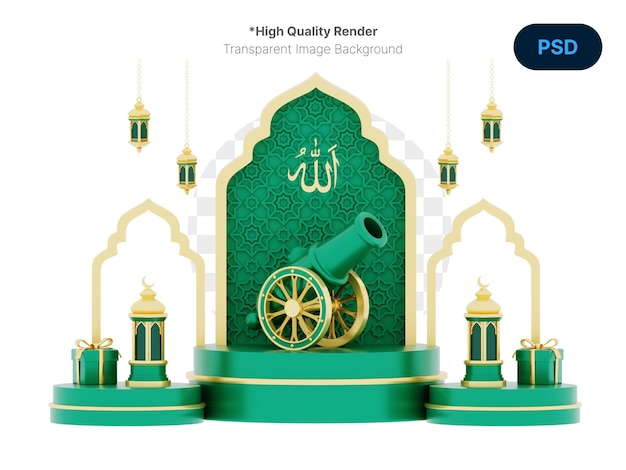 Ramadan kareem ornament a green and gold with cannon and lantern gift on podium