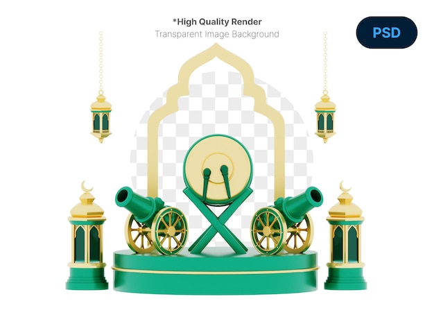 Ramadan kareem ornament a green and gold with drum and cannon lantern on podium