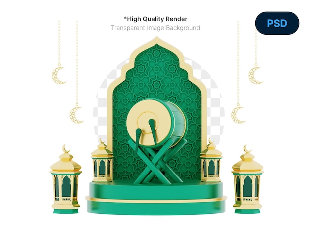 Ramadan kareem ornament a green and gold with lantern and drum on podium