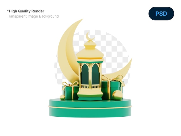 Ramadan kareem ornament a green and gold with lantern and Gift crescent on podium