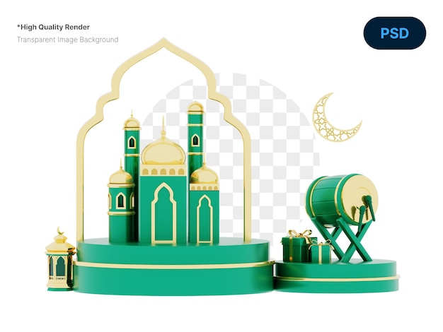 Ramadan kareem ornament a green and gold with mosque and drum lantern crescent on podium