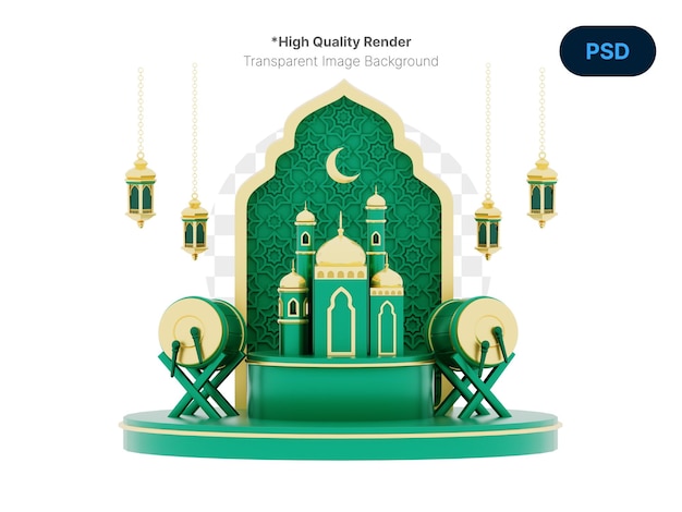 Ramadan kareem ornament a green and gold with mosque and drum on podium