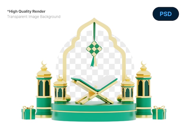 Ramadan kareem ornament a green and gold with quran and gift lantern on podium