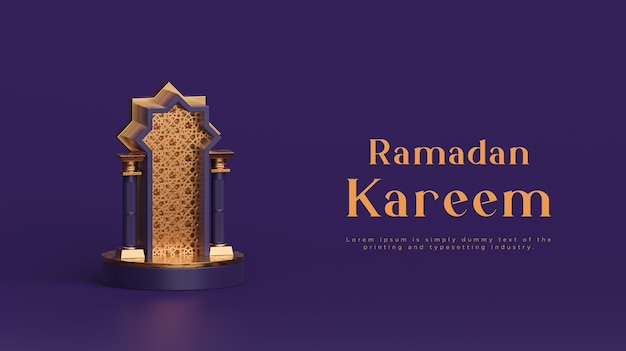 Ramadan kareem podium islamic greetings banner for social media purple gold background 3d render