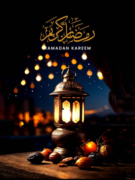 RAMADAN KAREEM POSTER WITH ARABIC LANTERN ON A TABLE WITH DATES