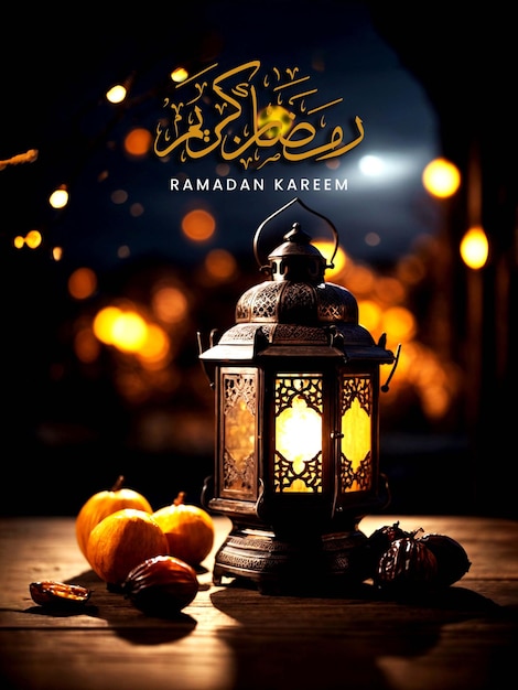 RAMADAN KAREEM POSTER WITH ARABIC LANTERN ON A TABLE WITH DATES