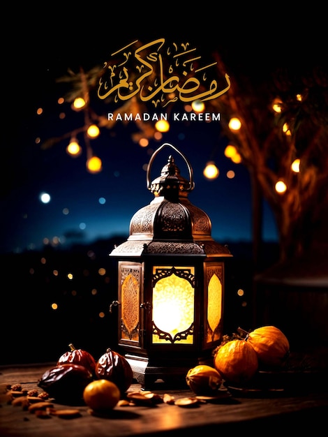 RAMADAN KAREEM POSTER WITH ARABIC LANTERNS DATES ON A TABLE WITH A BEAUTIFUL NIGHT SKY