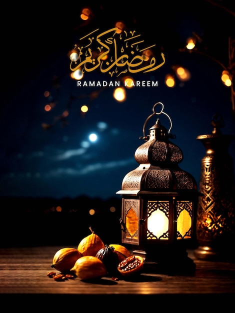 RAMADAN KAREEM POSTER WITH ARABIC LANTERNS DATES ON A TABLE WITH A BEAUTIFUL NIGHT SKY