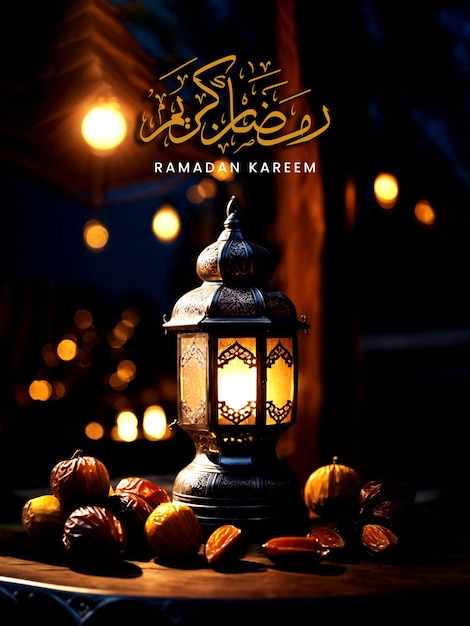 RAMADAN KAREEM POSTER WITH ARABIC LANTERNS DATES ON A TABLE WITH A BEAUTIFUL NIGHT SKY