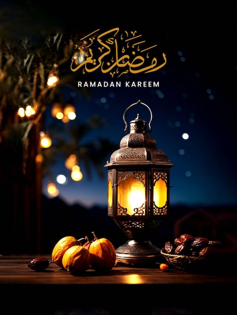 RAMADAN KAREEM POSTER WITH ARABIC LANTERNS DATES ON A TABLE WITH A BEAUTIFUL NIGHT SKY