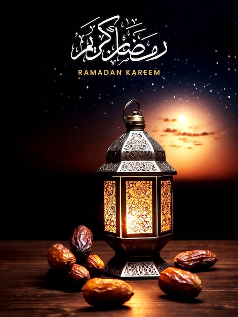 RAMADAN KAREEM POSTER WITH ARABIC LANTERNS DATES ON A TABLE WITH A BEAUTIFUL NIGHT SKY