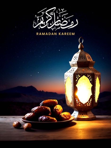 RAMADAN KAREEM POSTER WITH ARABIC LANTERNS DATES ON A TABLE WITH A BEAUTIFUL NIGHT SKY