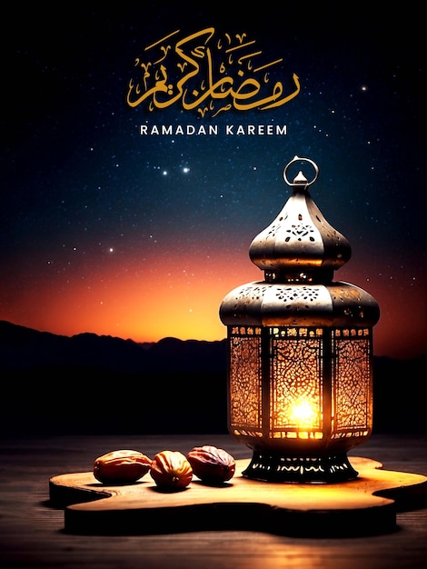 RAMADAN KAREEM POSTER WITH ARABIC LANTERNS DATES ON A TABLE WITH A BEAUTIFUL NIGHT SKY