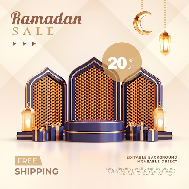 Ramadan Kareem Sale Banner Template 3d Podium Arabic Islamic Lantern Crescent Moon Blue Navy