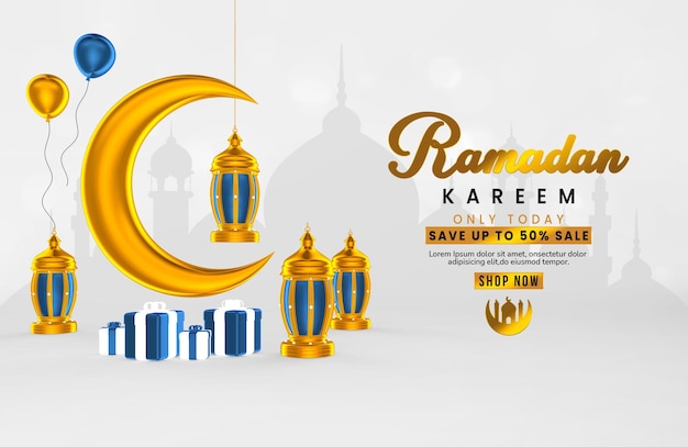 Ramadan kareem sale banner template with 3d objects creative composition