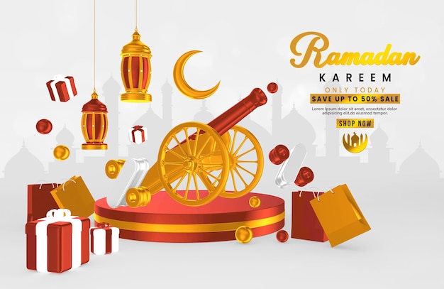 Ramadan kareem sale banner template with 3d objects creative composition