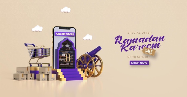 Ramadan kareem sale banner template with 3d online shopping on mobile applications