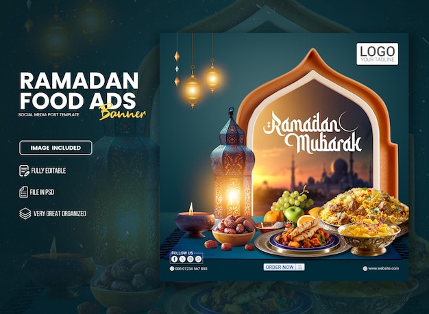 Ramadan Kareem Special Food and Iftar Social Media Banner PSD Template