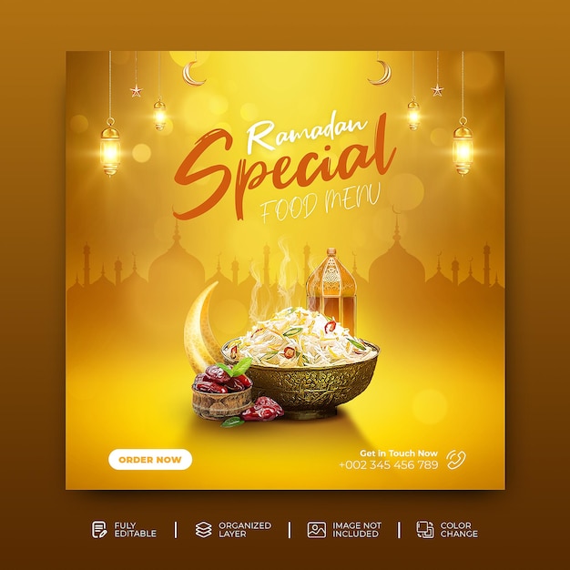 Ramadan Kareem Special food menu social media post template Psd