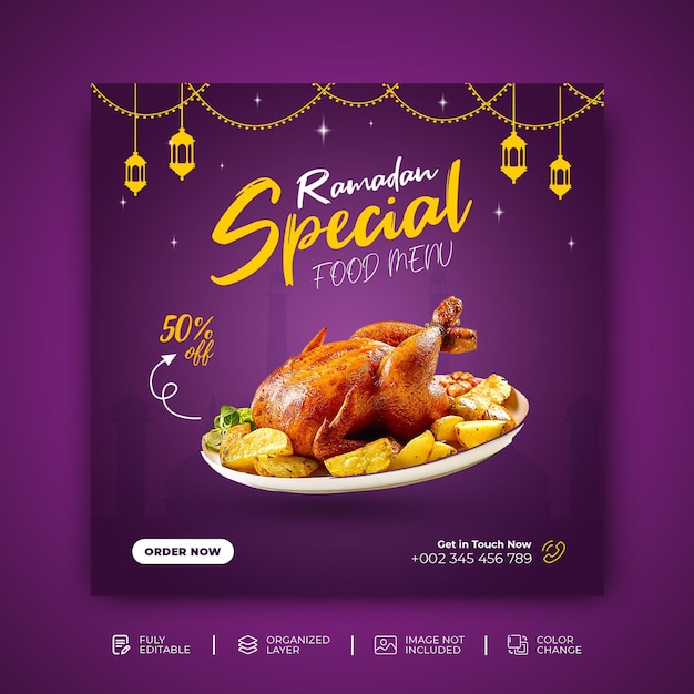 Ramadan Kareem Special food menu social media post template Psd