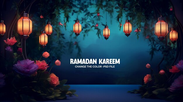 PSD ramadan mubarak 3d lantern and crescent background in psd format