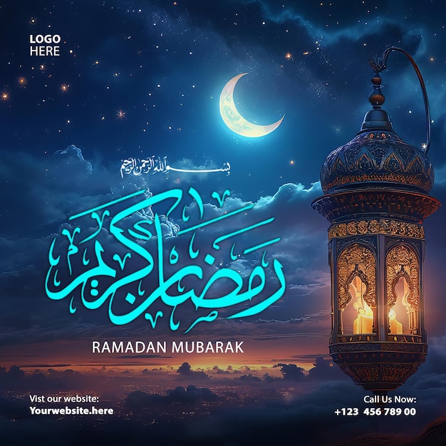 Ramadan mubarak artwork kareem blue background mosque social media post template and banner