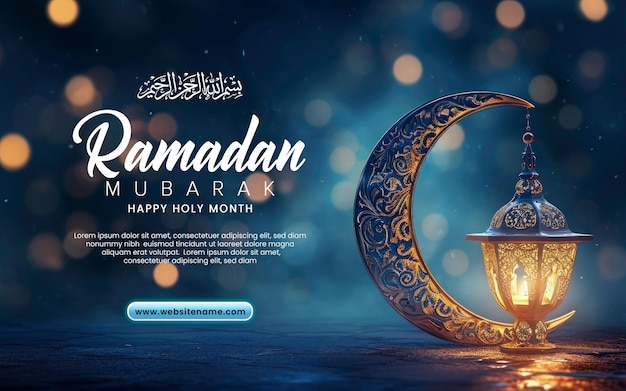 Ramadan Mubarak template with crescent blue moon with realistic ramadan lamp or lantern