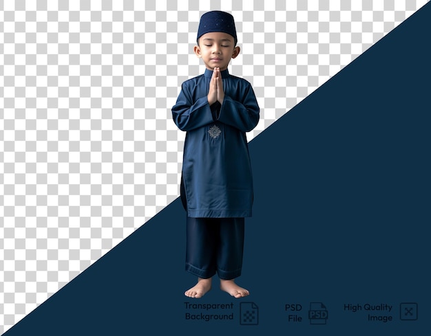 Ramadan muslim little boy is standing praying on transparent background