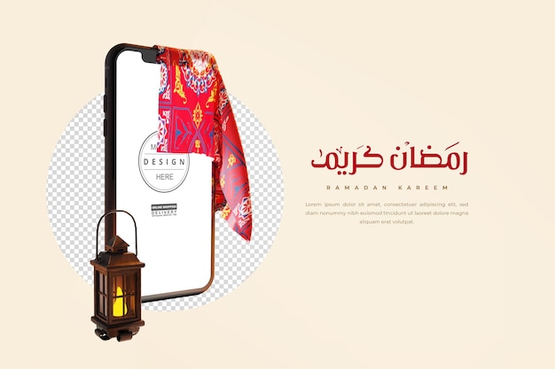 Ramadan phone mockup with 3D lantern with Ramadan fabric