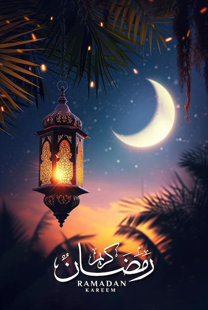 PSD ramadan poster template and social media post with realistic mosque and lantern background