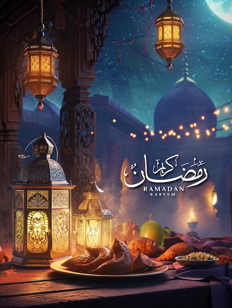 Ramadan poster template and social media post with realistic mosque and lantern background