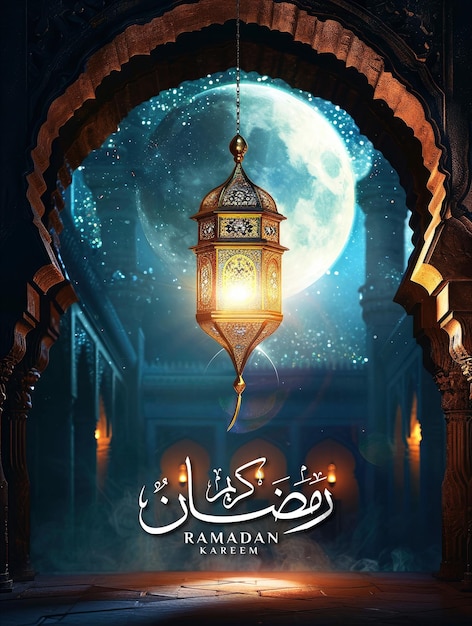 Ramadan poster template and social media post with realistic mosque and lantern background