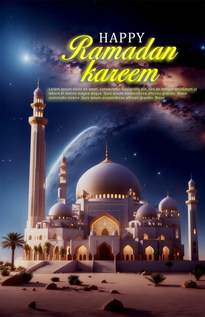 Ramadan poster with photo of amazing architecture design mosque generated by Ai