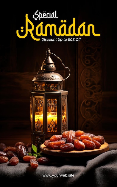 PSD ramadan sale poster template with holy ramadan concept lantern dates fruit