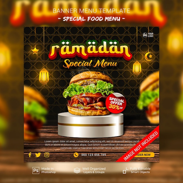 PSD ramadan special menu burger social media post banner with podium islamic background