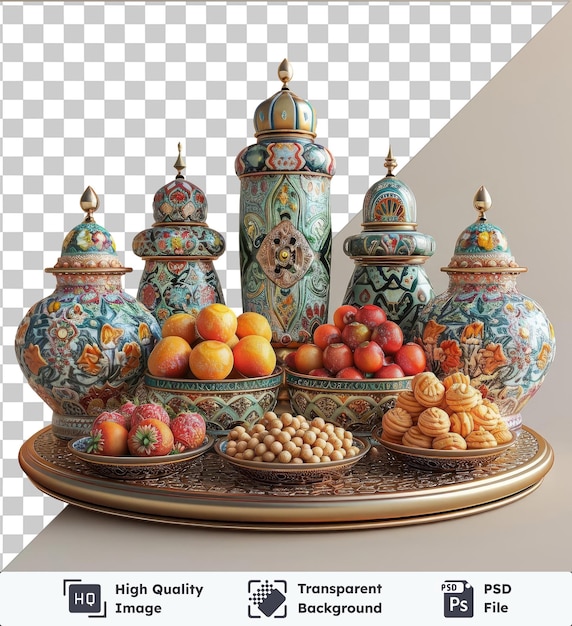 ramadan traditional souvenirs displayed on a gold plate against a white wall featuring a variety of colorful fruits including red apples oranges and a blue vase