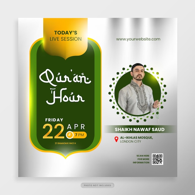 Ramadan Webinar Social Media Post template in Green and yellow gold theme for Holy Ramadan celebration event for poster banner islamic webinar muslim education