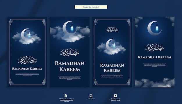 Ramadhan Kareem Minimalist Blue Greeting Post Template Instagram Story Set Bundle