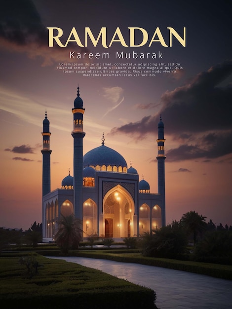 RAMADHAN POSTER WITH A BEAUTIFUL MOSQUE BACKGROUND WITH A BEAUTIFUL NIGHT SKY WITH STARS WHILING