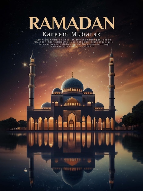 RAMADHAN POSTER WITH A BEAUTIFUL MOSQUE BACKGROUND WITH A BEAUTIFUL NIGHT SKY WITH STARS WHILING