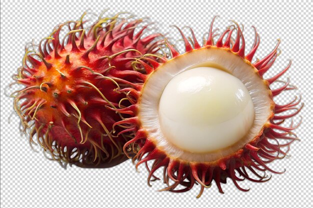 a rambutan slice with white flesh and a spiky red