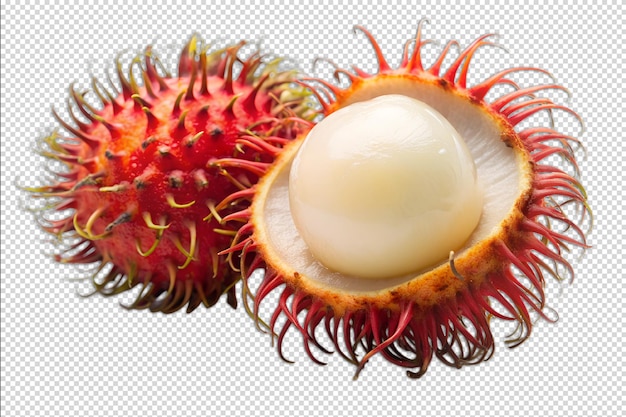 a rambutan slice with white flesh and a spiky red