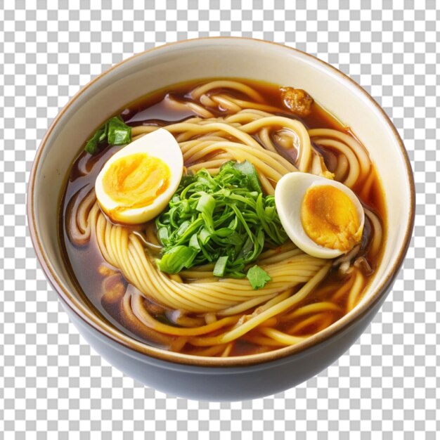 PSD ramen noodles in soy sauce flavored soup ramen on transparent background