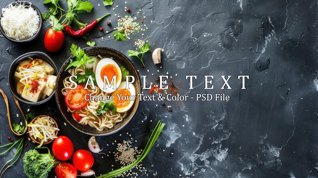 PSD ramen noodles with egg tofu and vegetables on a dark background