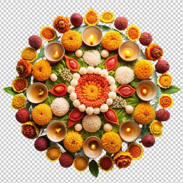 PSD rangoli using diyaoil lamp flowers and rasgulla